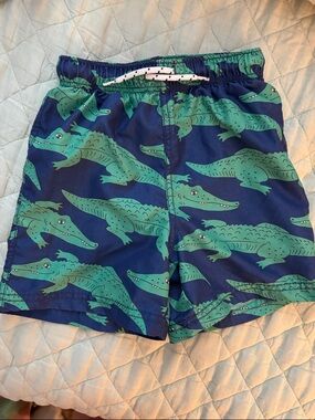 Mini Boden Blue Swim Trunks with Green Alligator Print